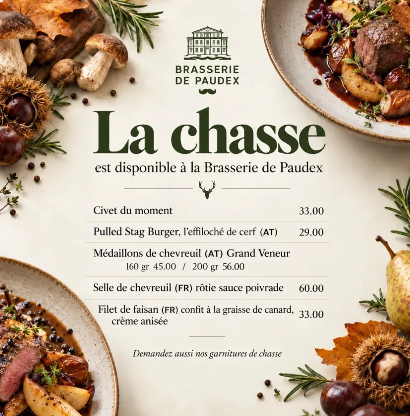 Affiche « La chasse est disponible à la Brasserie de Paudex » : civet, Pulled Stag Burger, médaillons et selle de chevreuil, filet de faisan